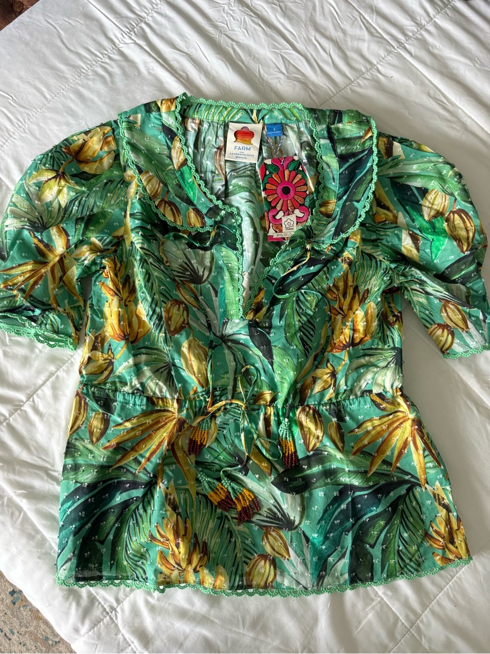 FARM Rio Green Tropical Tie-Front Blouse with Yellow Floral Print